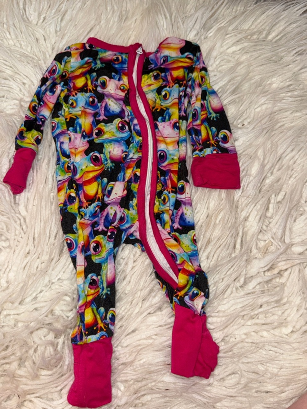 ME Makeover Essentials Rainbow Frog Print Footed One-Piece with Hot Pink Trim